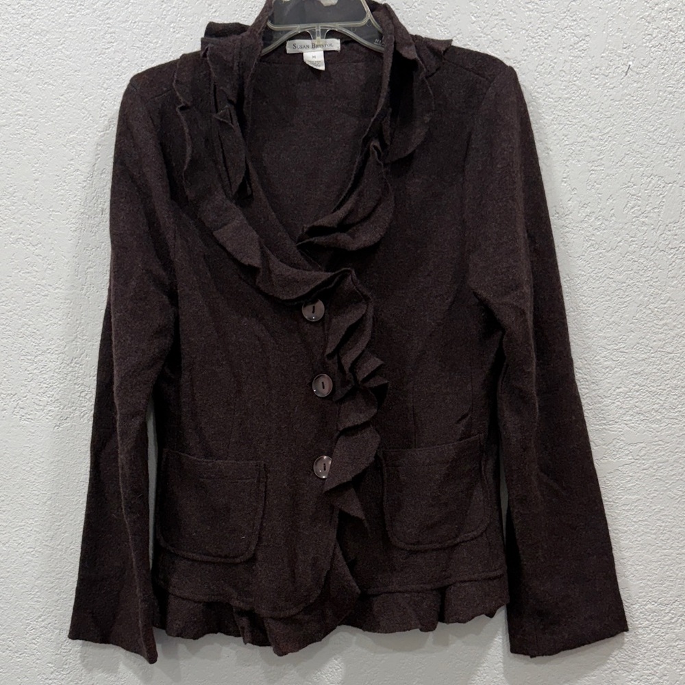 Elegant Brown Ruffled Susan Bristol 100% Wool Women's Cardigan